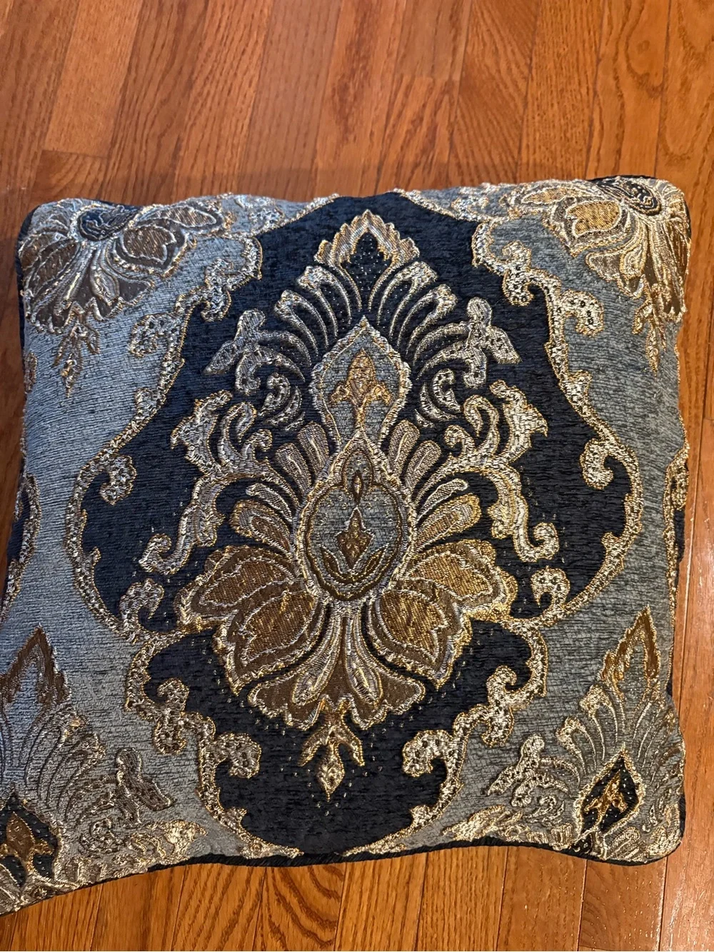 Elegant Blue and Gold Damask Throw Pillow by J Queen. Pillow is square 20x20